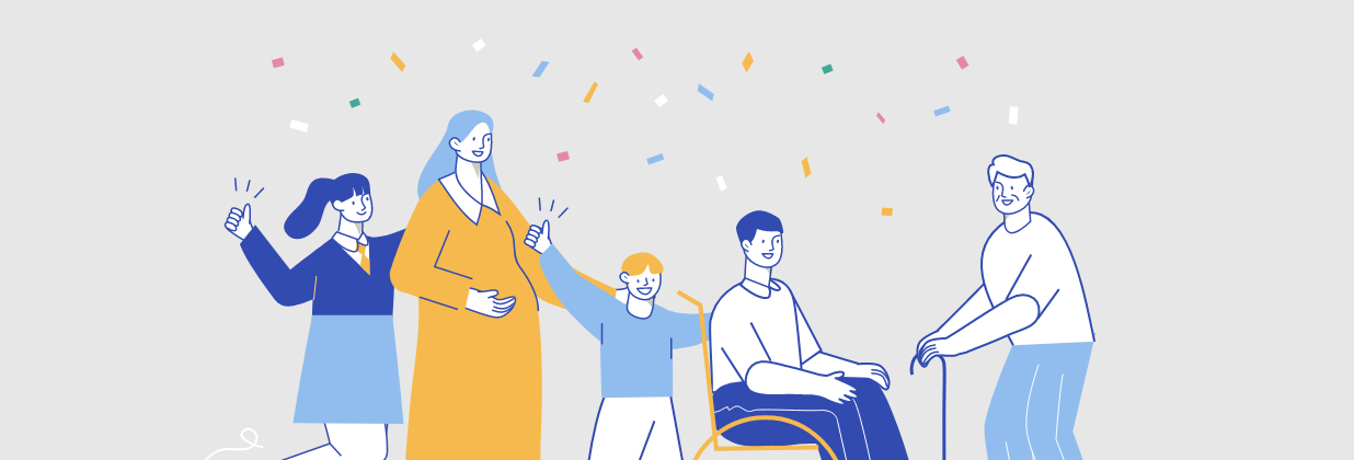 몸이 다소 불편한 사람과 몸이 불편하지 않은 사람이 화이팅을 하고 있는 모습